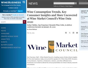Wine Consumption Trends, Key Consumer Insights and More Uncovered at Wine Market Council's Wine Data 2020